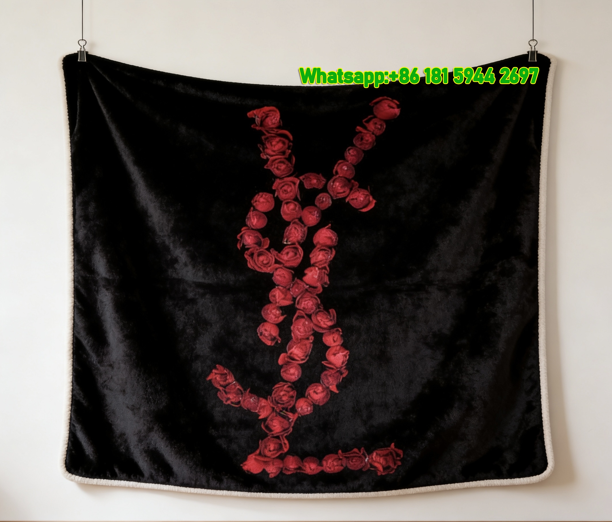 Yves Saint Laurent YSL Black Red Rose Monogram Logo Print Flannel Sofa Throw Blanket Luxury Romantic Decor Blanket IMG_3228